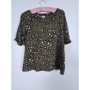 Chico's Top Womens Cheetah Print Short Sleeve T-Shirt Size 0 Green Gold Stretch